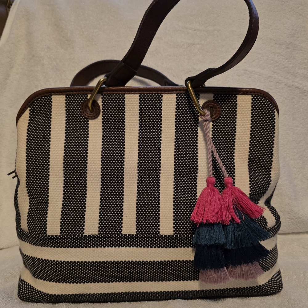 Fossil Black and White Striped Tote with Tassels